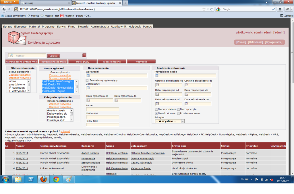 Panel "Ewidencja zgłoszeń" (helpdesk). Zrzut ekranu dedykowanego systemu Ewidencji Sprzętu Vavatech w technologii Java.