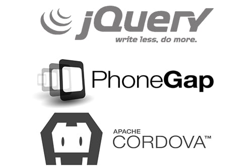 Logotypy jQuery, PhoneGap i Apache Cordova. Technologie do tworzenia aplikacji mobilnych, z których szkoli Vavatech.