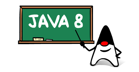 Maskotka Javy (Duke) przy tablicy z napisem JAVA 8. Grafika do szkolenia Vavatech z programowania w Javie.