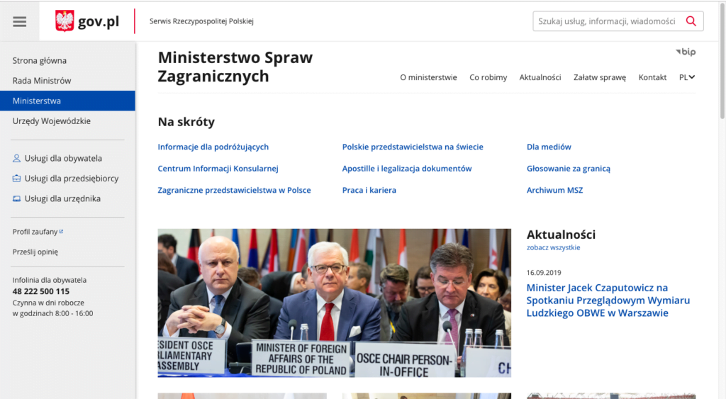 Strona gov.pl Ministerstwa Spraw Zagranicznych. Projekt ODA: dedykowany system (aplikacja webowa) w Java i VUE.