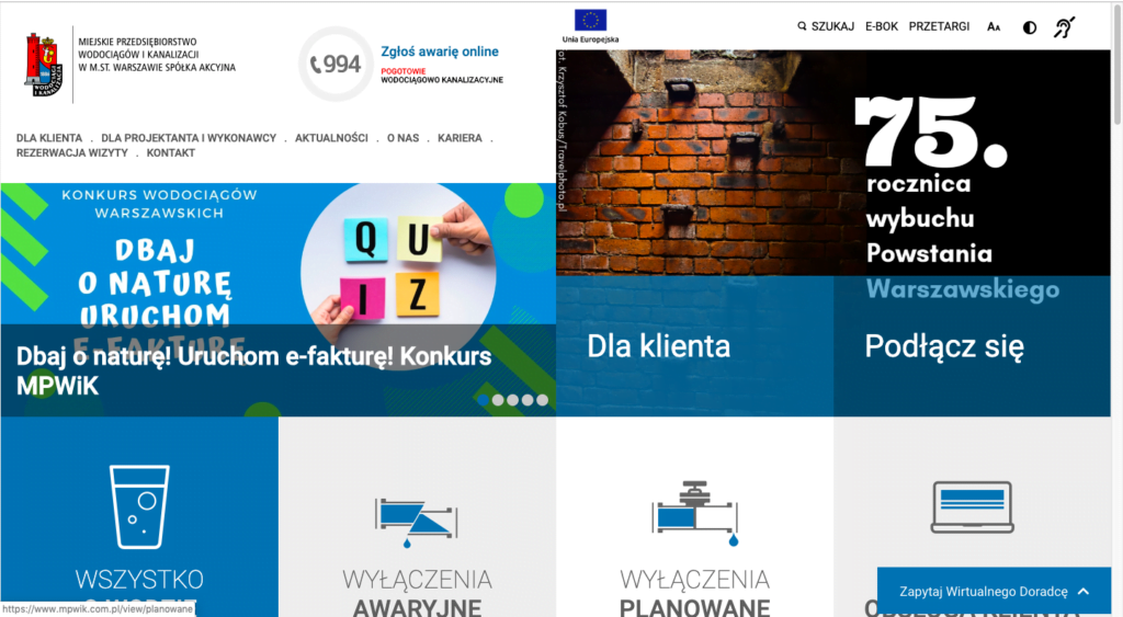 Strona główna portalu MPWiK Warszawa, PHP.