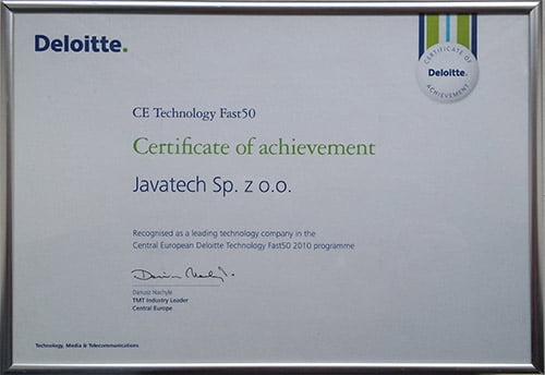 Certyfikat Deloitte Technology Fast 50 dla Vavatech (Javatech). Wyróżnienie za szybki wzrost firmy tworzącej systemy informatyczne.
