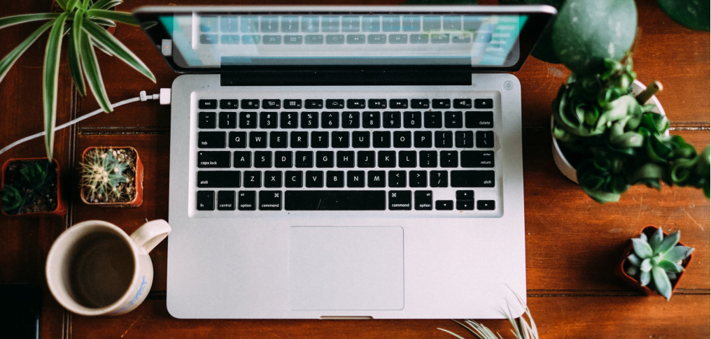 Laptop (MacBook) na drewnianym biurku z roślinami. Grafika do artykułu Vavatech o nauce programowania (np. JavaScript i Python).