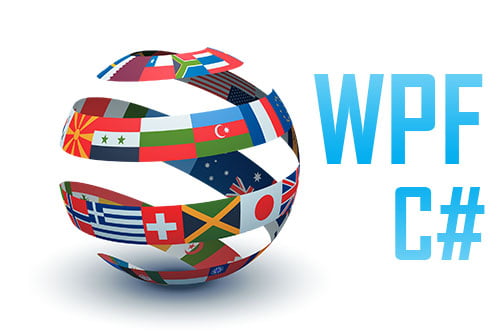 Globus z flagami obok napisu "WPF C#". Grafika do artykułu Vavatech o tworzeniu aplikacji wielojęzycznych i programowaniu w C#.