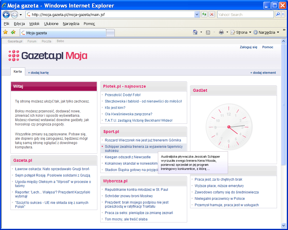 Zrzut ekranu portalu "Moja gazeta.pl". Dedykowany system (aplikacja webowa) w Java i JSF, stworzony dla Agora S.A.