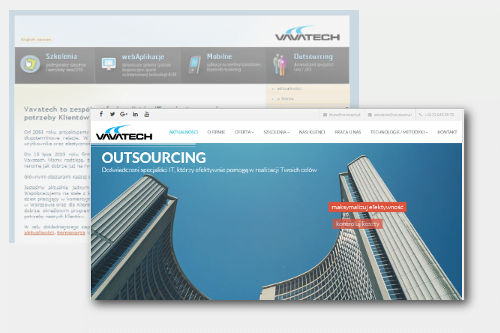 Nowa strona internetowa Vavatech (sekcja "Outsourcing" z wieżowcami) pokazana na tle starej wersji serwisu.