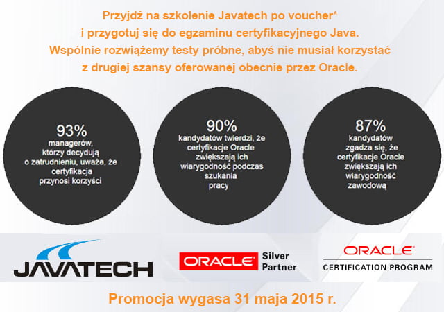 Baner promocji Vavatech: "Przyjdź na szkolenie Javatech po voucher". Grafika o certyfikacji Oracle i programowaniu w Java.