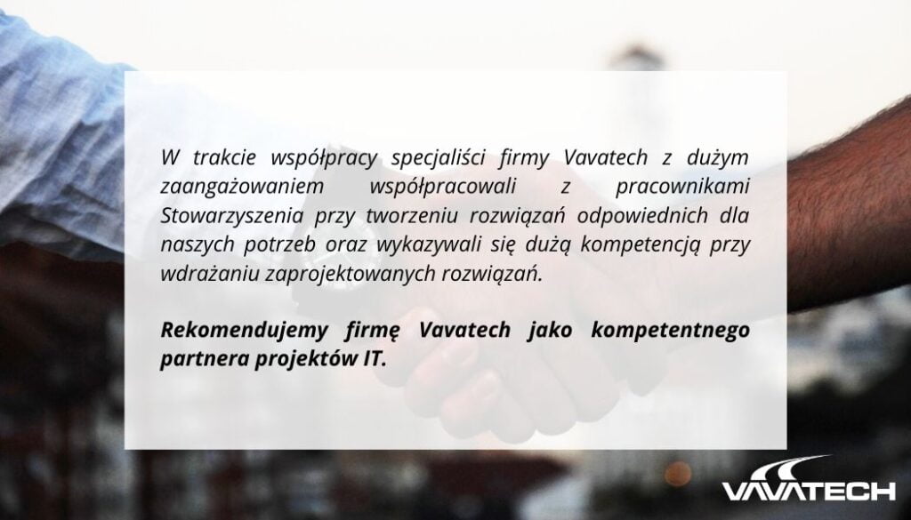 Cytat z referencji dla Vavatech na tle uścisku dłoni.