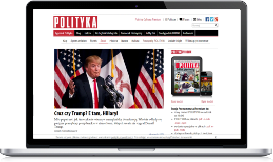 Portal www.polityka.pl na laptopie oraz aplikacje mobilne. Dedykowany system internetowy Vavatech w technologii Java.