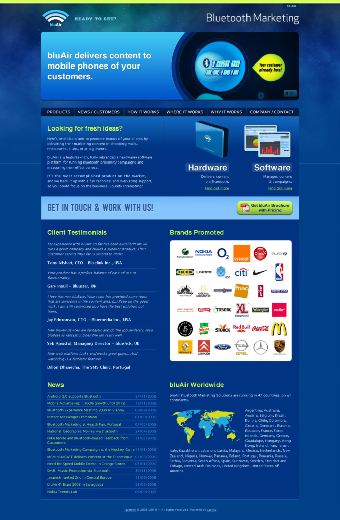 Portal bluair.pl o Bluetooth Marketingu. Aplikacja webowa i dedykowany system internetowy stworzony przez Vavatech.