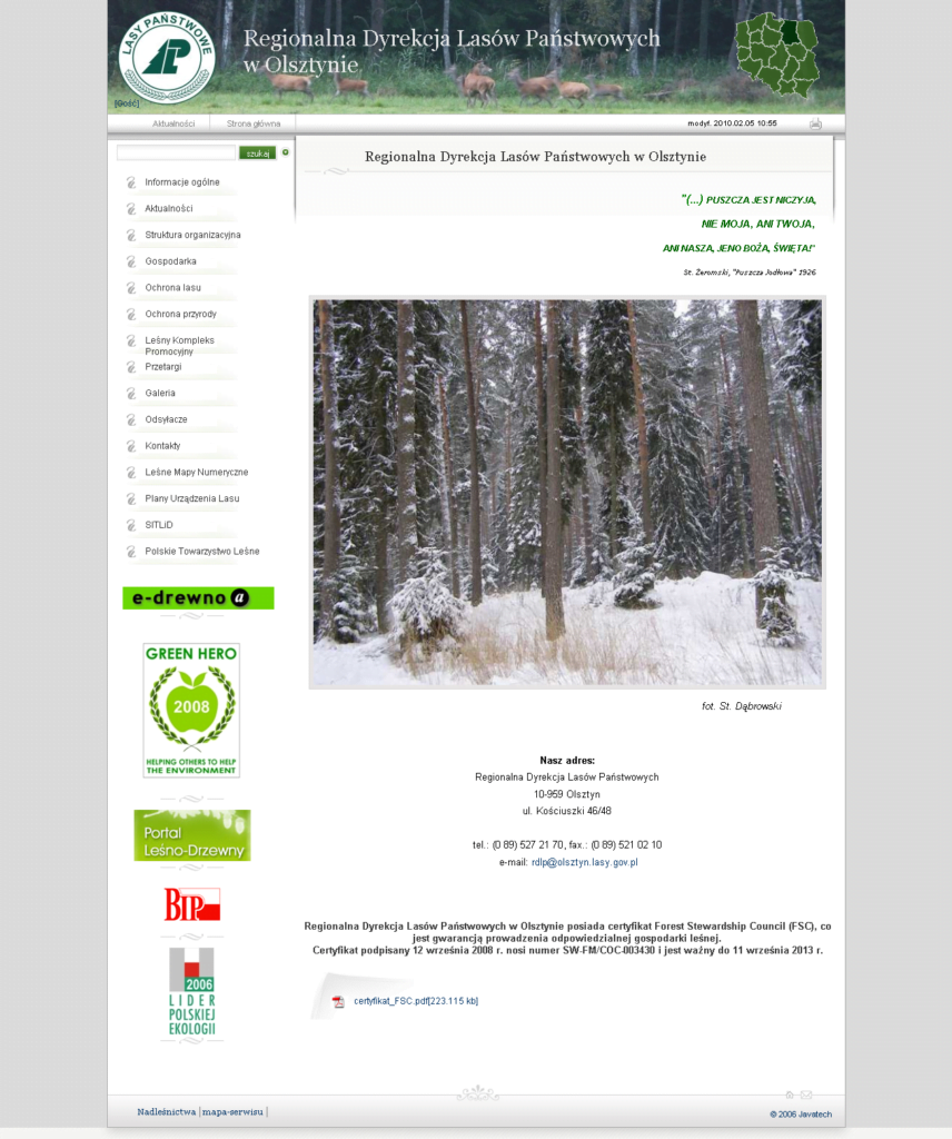 Portal Lasów Państwowych w Olsztynie. Dedykowany system internetowy (CMS) dla wielu nadleśnictw, stworzony przez Vavatech.