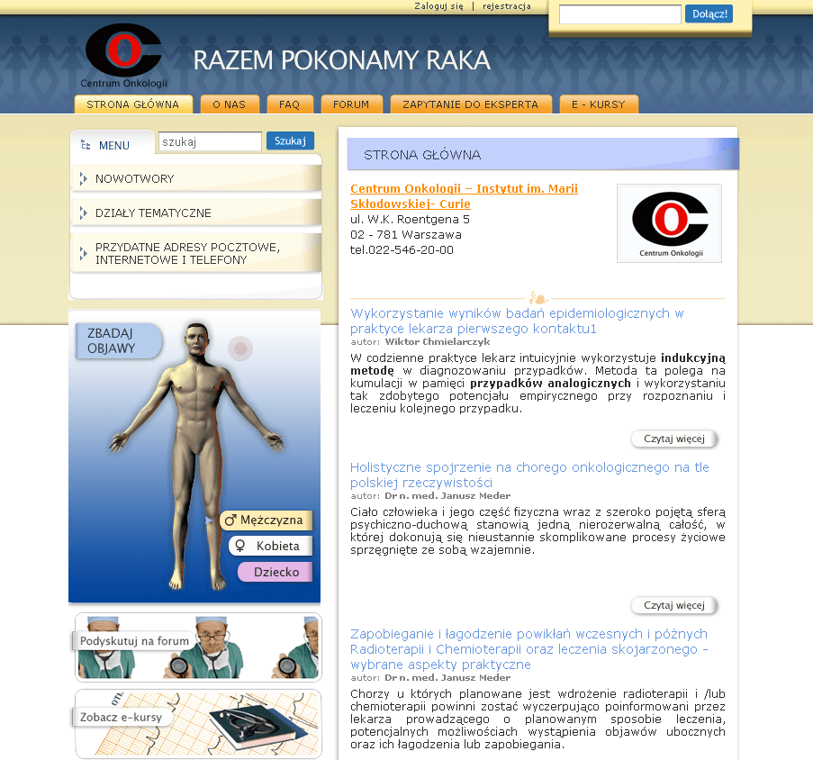 Portal "Razem Pokonamy Raka" (Centrum Onkologii). Dedykowany system e-learningowy (aplikacja webowa) stworzony przez Vavatech.