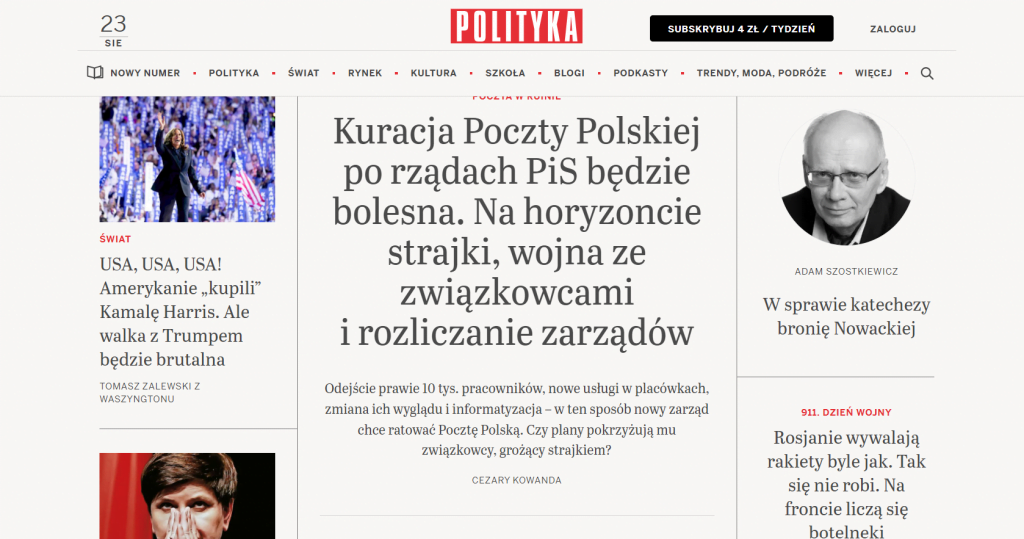 Portal www.polityka.pl. Dedykowany system internetowy (aplikacja webowa) w Java, Spring i Hibernate. Stworzony przez Vavatech.