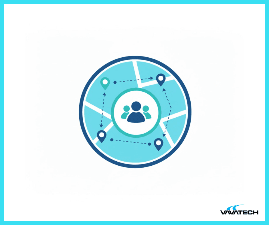 Ikona mapy z lokalizacjami i symbolem ludzi w centrum, obrazująca system wsparcia społecznego.