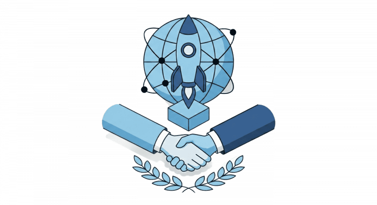 Uścisk dłoni na tle globu i startującej rakiety, ozdobiony wieńcem laurowym u dołu.