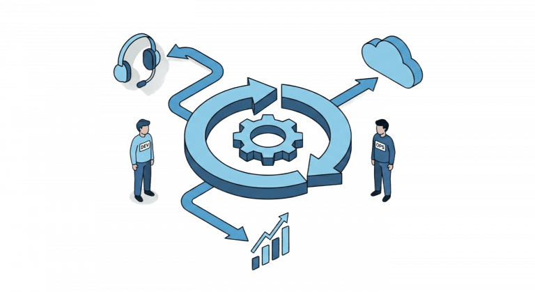 Schemat DevOps: postacie DEV i OPS, cykl z zębatką oraz ikony chmury, wykresu i słuchawek.