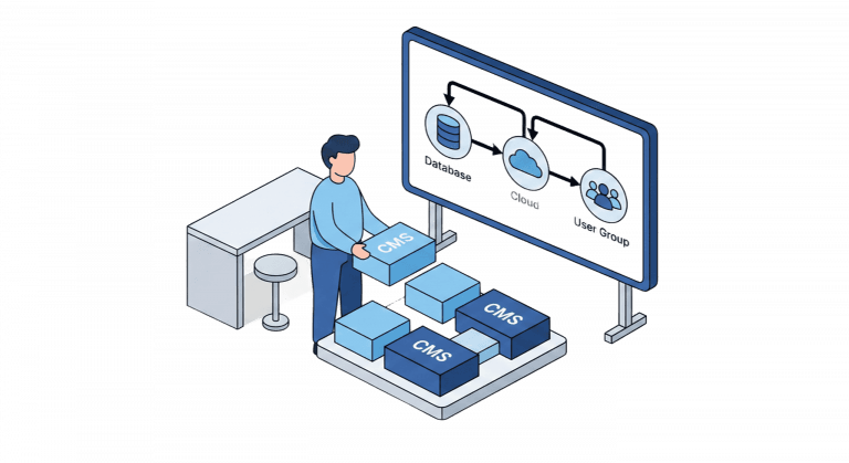 Mężczyzna układa bloki CMS przed tablicą ze schematem: Baza danych, Chmura i Grupa użytkowników.