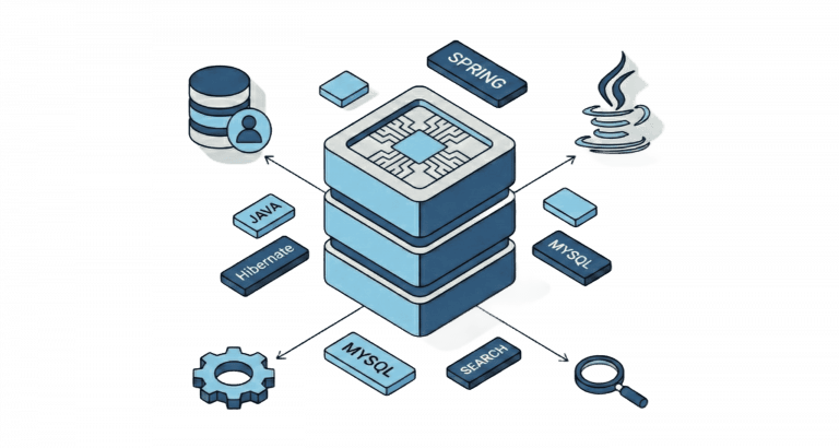 Serwer z czipem otoczony blokami: Java, Spring, Hibernate, MySQL oraz ikonami bazy danych, lupy, zębatki i logo Java.