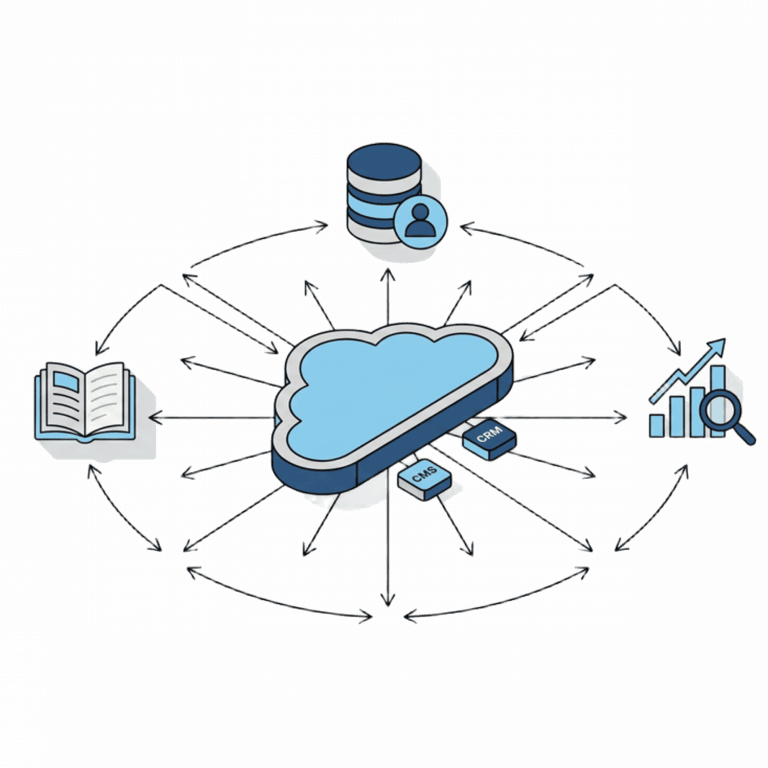Schemat chmury połączonej strzałkami z bazą danych, wykresem, książką oraz systemami CMS i CRM.