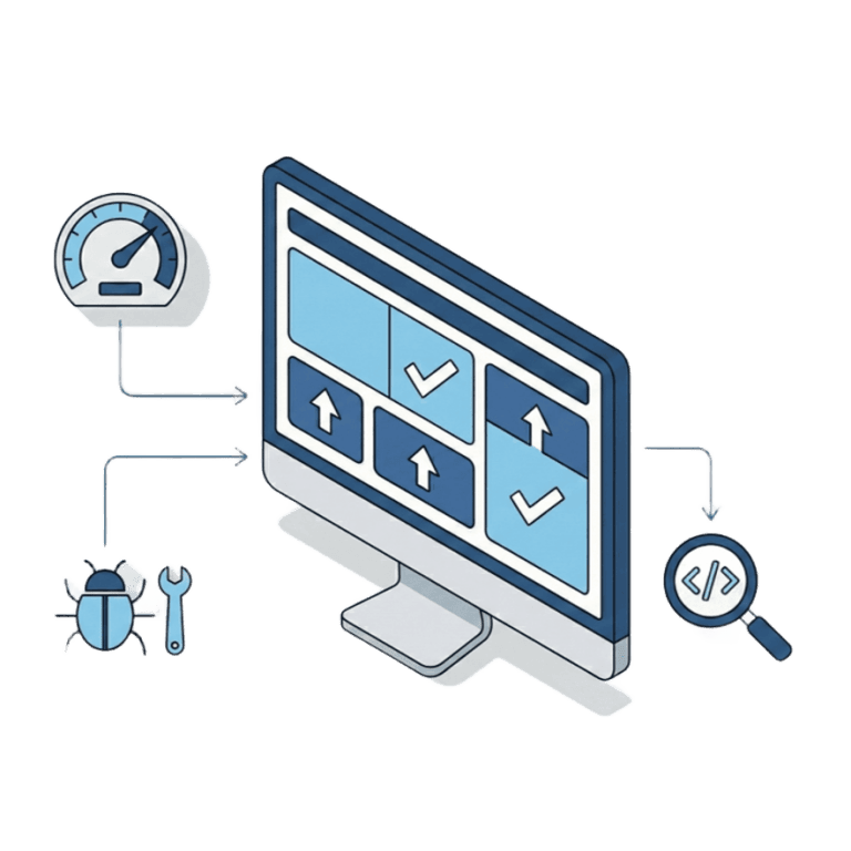 Monitor wyświetlający statusy, połączony z licznikiem, ikoną błędu z kluczem oraz lupą z symbolem kodu.