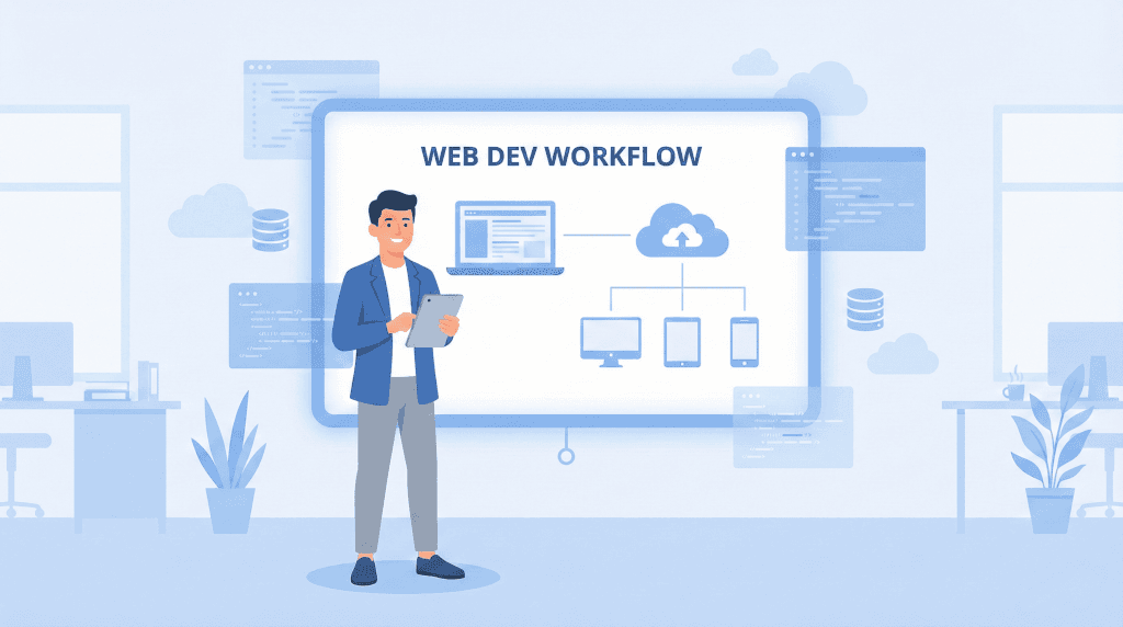 Mężczyzna prezentuje schemat Web Dev Workflow obejmujący responsywność i chmurę obliczeniową.