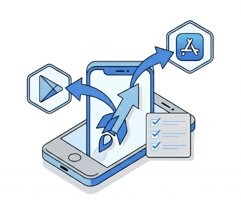 Rakieta startująca ze smartfona do sklepów Google Play i App Store oraz lista zadań.