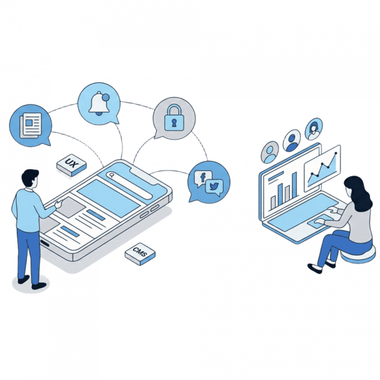 Mężczyzna przy smartfonie z ikonami UX i CMS oraz kobieta analizująca wykresy na laptopie.