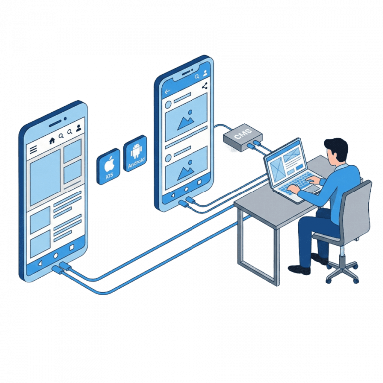 Programista integruje system CMS z aplikacjami mobilnymi na iOS i Androida.