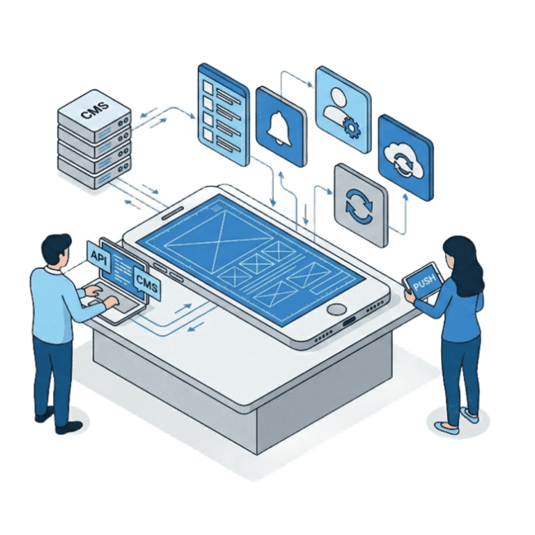 Zespół rozwija aplikację mobilną zintegrowaną z systemem CMS, API i powiadomieniami Push.