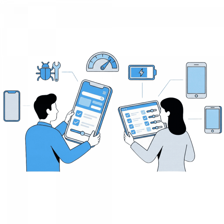 Mężczyzna i kobieta testują aplikacje mobilne pod kątem błędów, wydajności i zużycia baterii.