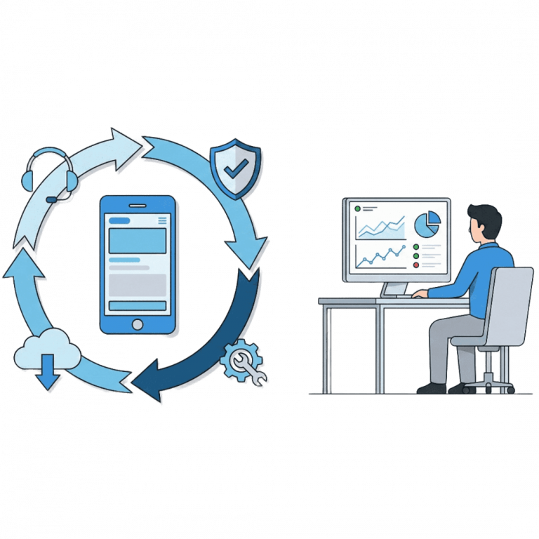 Mężczyzna analizuje wykresy na komputerze obok schematu cyklu wsparcia i aktualizacji aplikacji.