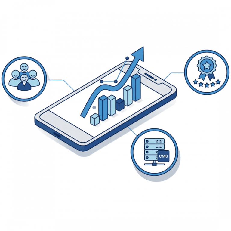 Smartfon z wykresem wzrostu połączony z ikonami użytkowników, nagrody jakości i serwera CMS.