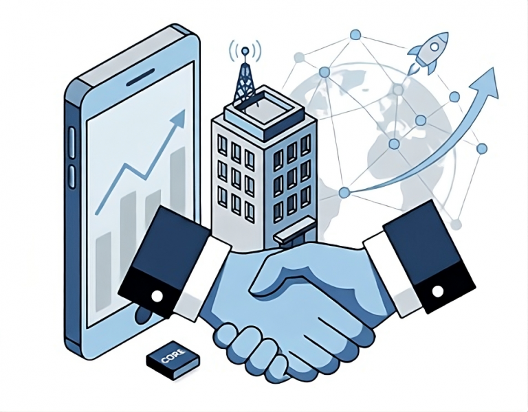 Uścisk dłoni symbolizujący partnerstwo na tle smartfona z wykresem, biurowca i globalnej sieci z rakietą.