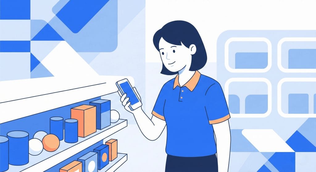 Merchandiser z aplikacją Shelvus na smartfonie sprawdza ekspozycję towarów w sklepie spożywczym - ilustracja wektorowa.